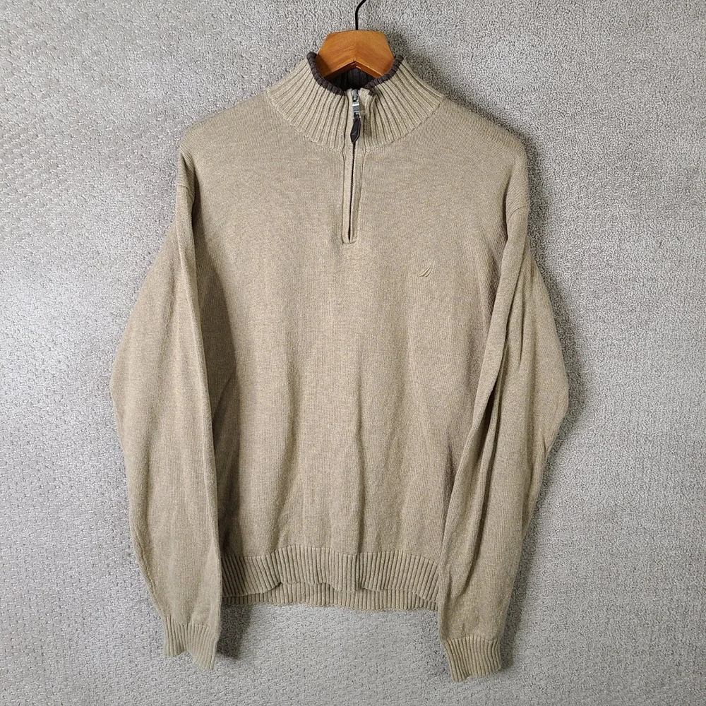 Nautica Sweater Mens Large Tan Quarter Zip Pullover Cotton Long Sleeve Casual‎